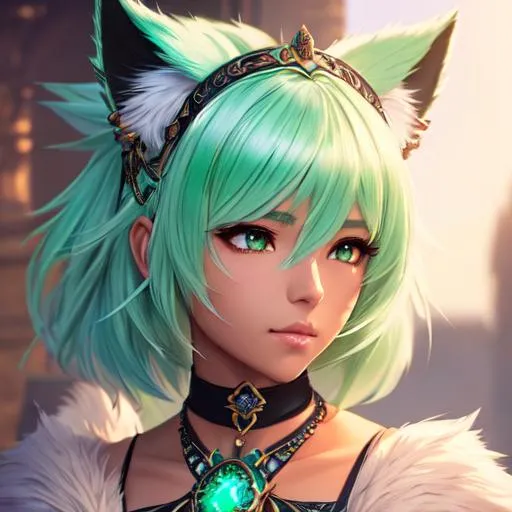 Prompt: female character who has tan skin color and mint green hair, she has fantasy cat ears, fantasy costume, smiracle overlords, soft lighting, intricate detail, symmetrical, perfect composition, hyperrealistic, super detailed, 8k, high quality, trending art, trending on artstation, sharp focus, studio photo, intricate details, highly detailed, by makoto shinkai, stanley artgerm lau, wlop, rossdraws, concept art, digital painting