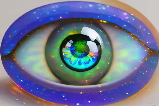 Prompt: fantasy glass  eye that is glowing, in a large flower, beneath the stars, bioluminescent, high res, best quality, concept art 