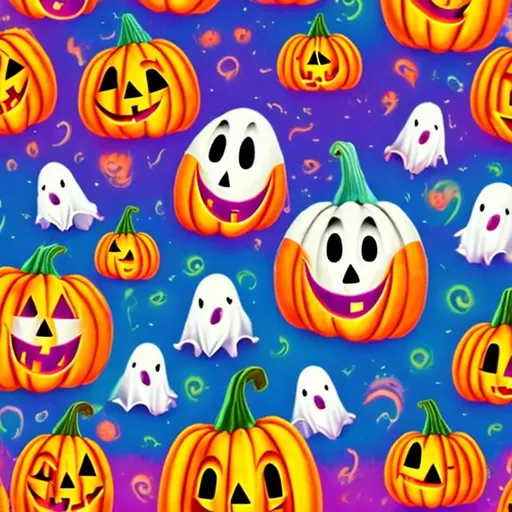 Prompt: Happy Ghosts in a pumpkin patch in the style of Lisa frank