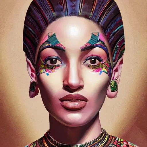 Prompt: portrait of an egyptian woman with a crooked nose and a confident expression, 1 9 6 0 s, colorful clothes, punk, funk, intricate, elegant, highly detailed, digital painting, artstation, concept art, smooth, sharp focus, illustration, art by wlop, mars ravelo and greg rutkowski for Gucci 