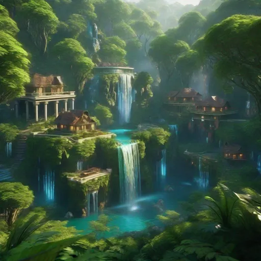 Prompt: Envision a civilization near a glowing waterfall in a lush forest. Fantasy, another dimension. Hyperrealistic, UHD, HD, 8K, houses, beautiful, highly detailed