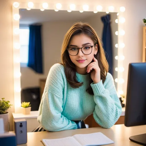 Prompt: Girl’s dorm room, shy self conscious 18-year-old girl, in skirt and sweater, taking selfie in mirror while sitting at desk.  Cute and slim with glasses.