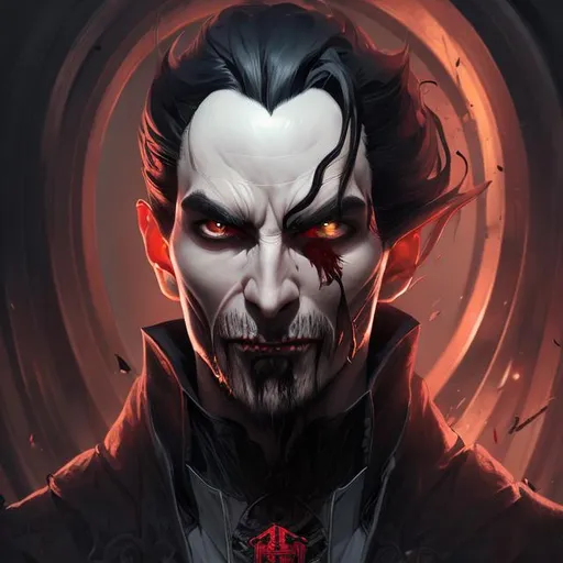 Prompt: full portrait of a dracula black hair and black deep eyes harsh gaunt skin, small shallow eyes, intricate colored hair, symmetrical, dark 
 red lighting, detailed , by makoto shinkai, stanley artgerm lau, wlop, rossdraws, concept art, digital painting, looking into camera