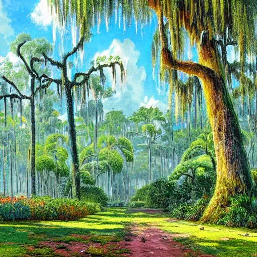 Prompt: A cartoon style florida landscape with a mossy tree  in the style of Peder Mork Monsted