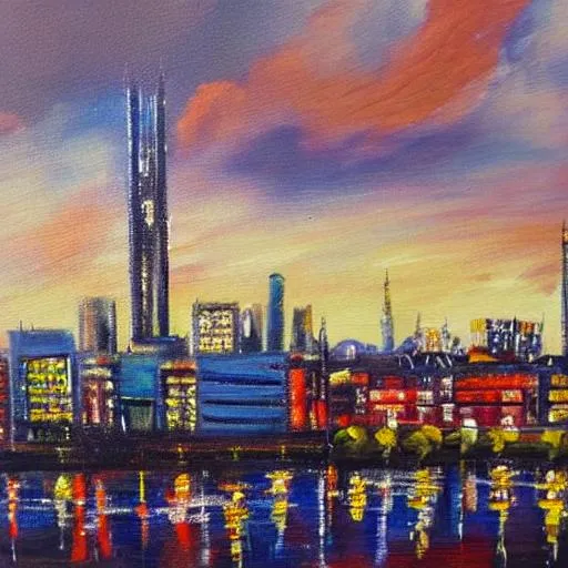 Prompt: Oil painting of Manchester skyline