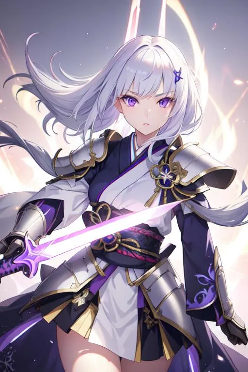 Prompt: 1girl, japanese armor, white hair, purple eyes, sword, ((holding sword)), blue flames, glowing weapon, light particles, wallpaper, chromatic aberration
