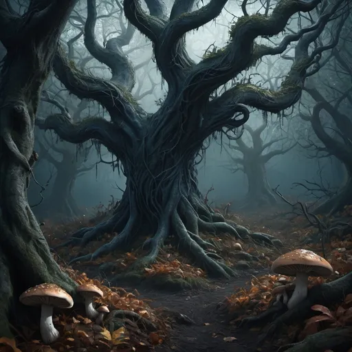 Prompt: Hyper-realistic dark fantasy dense forest, multiple trees, dense foliage, autumn, eerie atmosphere, detailed trees, twisted branches, highres, ultra-detailed, dark fantasy, autumn tones, eerie ambiance, detailed foliage, atmospheric lighting, realistic style, twisted tree branches, 3 mysterious mushrooms, lurking dark creatures, dark blue and dark green tone