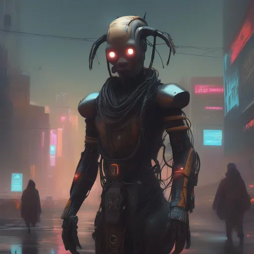 Prompt: evil African cyberpunk robot with mask, futuristic dramatic pose, dark skin, dark ominous, insane details, volumetric lighting, reflection, cinematic film look, super realistic by grimshaw, thomas cole, ismail inceoglu, winslow homer, greg rutkowski, gerald brom, marc simonetti, simon stalenhag, anton fadeev, donglu yu