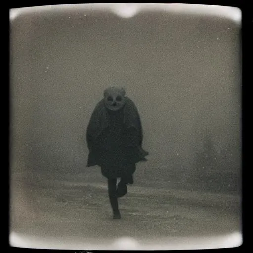 Prompt: eerie humanoid creature roaming a eerie wonderland, grainy polaroid, early technicolour image, photorealistic, Blurry, running at you, in the fog