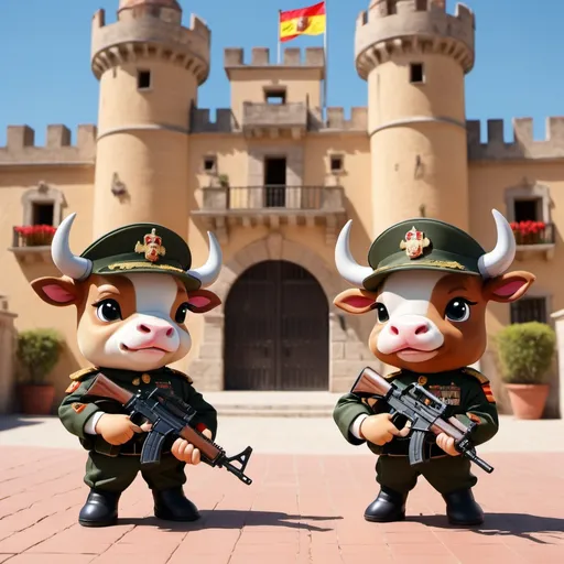 Prompt: two small cute bulls in Spanish military uniforms, with CETME assault rifles in hands, cartoon Spanish castle and Spanish flag as background