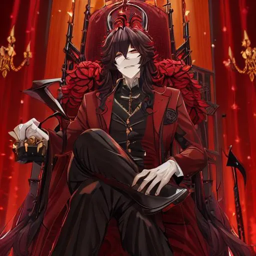 Prompt: a half-demon king with dark curly hair and ram horns sitting upon his hellish throne. fully clothed