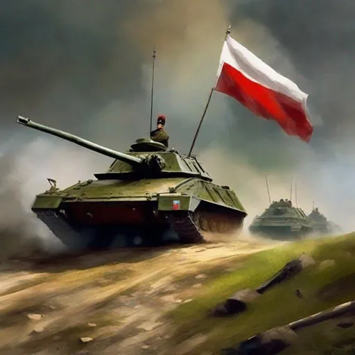 Prompt: Napoleonic War, Hill, Painting Art, main battle tank, polish army, polish flag