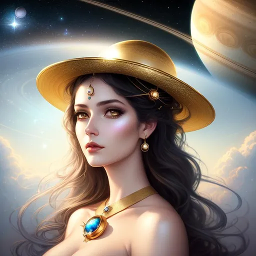 Prompt: Portrait of a beautiful woman, golden sparkling eyes,  using a hat made of Saturn ring, a space rocket as a brooch and hair made of ethereal clouds Art by  tom bagshaw, huang guangjian, marianne plumridge, Yossi kotler,  sherry akrami, marta dahlig, Anna Dittman, Greg Rutkowski, l highly detailed, sharp focus, ethereal, fantastic view, dreamy, Epic, celestial, sparkling, glossy, light emitting,  inner light.