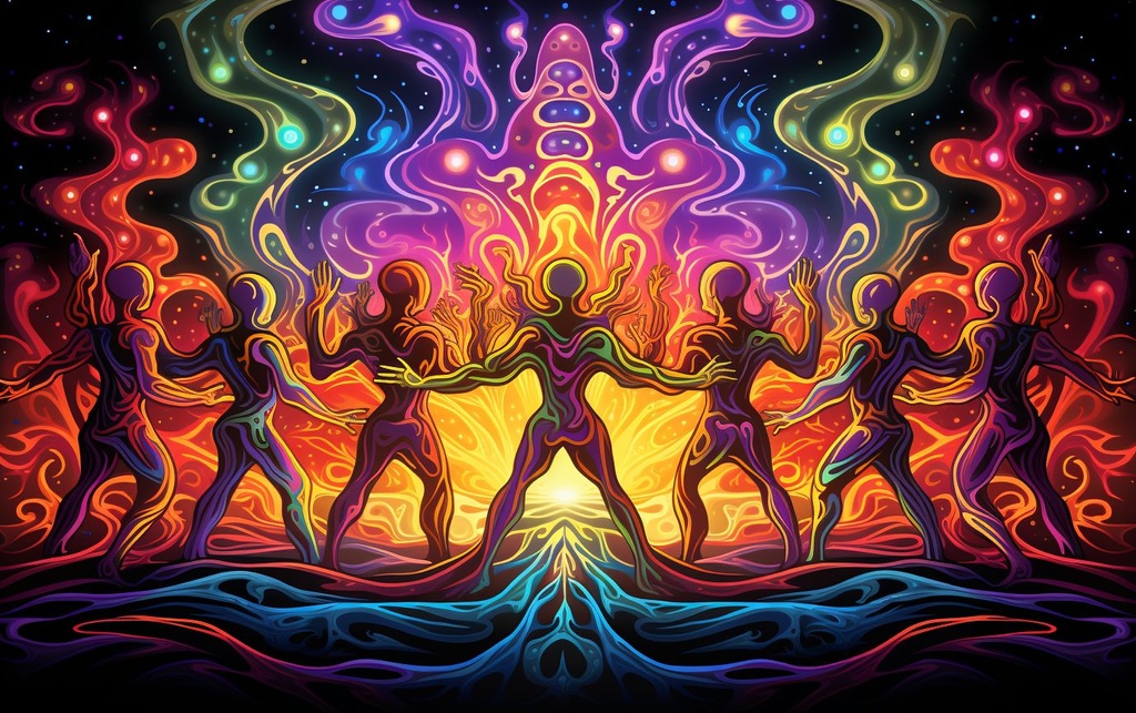 Prompt: vector etheral entities dancing in the style of psychedelic patterns