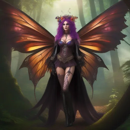 Prompt: ((Epic)). ((Cinematic)). Shes a colorful, Steam Punk, goth, witch.  ((distinct)) Winged fairy, with a skimpy, ((colorful)), gossamer, flowing outfit, standing in a forest by a village. ((Wide angle)),  Detailed Illustration. 4k, 8k.  Full body in shot. Hyper realistic painting. Photo real. A ((beautiful)), very shapely woman with ((anatomically real hands)), and ((vivid)) colorful, ((bright)) eyes. A ((distinct))  Halloween night. Concept art. 