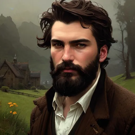 Prompt: Splash art portrait of ruggedly handsome, androgynous, dark brown haired man with short hair, light stubble, 30 years old, in the Irish countryside, victorian light clothes, elegant, highly detailed, intricate, smooth, sharp focus, artstation, digital painting, concept art, art by greg rutkowski, alphonse mucha and John William Waterhouse, light, romantic, happy, soft, gentle, golden, warm, summer
