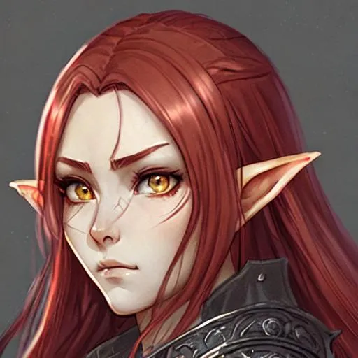 Prompt: female eladrin elf Gloom Stalker Ranger character concept art and illustration by akihiko yoshida, style of pixar, amazing detailed face closeup, Long plaited red hair, big beautiful grey eyes, fighter warrior, wearing a fighter leather armor, royal themed armor, action, madhouse and kyoani character face, cute, pretty girl, portrait, pixiv, artstation, spectacular details, Volumetric Lighting, Dramatic lighting