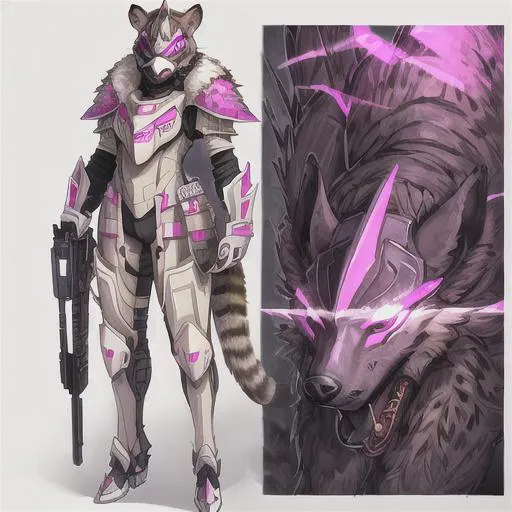 Prompt: Poster art, high-quality high-detail highly-detailed breathtaking hero  ((a hyena)),  detailed hyena furry suit, 8k ivory and black helmet, highly detailed hyena helmet, add some magenta, glowing chest emblem ,carbon fibre helmet, hyena mech armor, furry hyena head, detailed scales, detailed ivory mech suit, full body, grey and pink futuristic mech armor, wearing mech armour suit, 8k,  full form, detailed forest wilderness setting, full form, epic, 8k HD, ice, sharp focus, ultra realistic clarity. Hyper realistic, Detailed face, portrait, realistic, close to perfection, more black in the armour, 
wearing blue and black cape, wearing carbon black cloak with yellow, full body, high quality cell shaded illustration, ((full body)), dynamic pose, perfect anatomy, centered, freedom, soul, Black short hair, approach to perfection, cell shading, 8k , cinematic dramatic atmosphere, watercolor painting, global illumination, detailed and intricate environment, artstation, concept art, fluid and sharp focus, volumetric lighting, cinematic lighting, 
