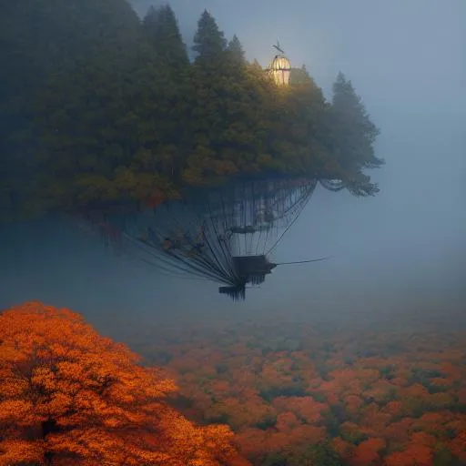 Prompt: surreal concept art of a strange winged cabin flying in an autumnal forest, foggy, gloomy, lots of details, intricate scene, correct, digital painting, fine tuned,  64k