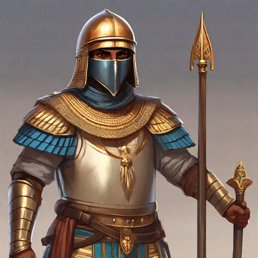 Prompt:  Full body. Whole figure. A medieval egyptian soldier with Persian influence. He wears a helmet and the face is covered with a mail armor Detailed, well draw face, rpg art, concept art, historical art, art station. rpg art. 2d art. 2d