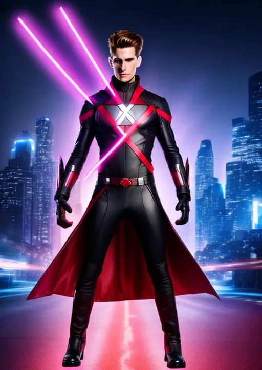 Prompt: High-resolution hyperrealistic photo of x-man remy lebeau merged with x-man scott summers, {red glowing eyes}, fighting staff, black and purple costume, leather coat, tall boots, uhd, hdr, 64k