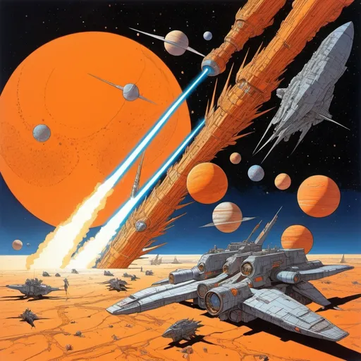 Prompt: Illustration in style of Moebius, Jean Giraud, a space battle between multiple bird-like starships with a orange gas giant in the background to the right, as seen from space