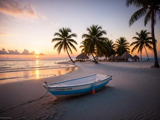 Prompt: tropical beach at sunset, white sands, palm trees and cocolobas, boats, waves, vibrant colors, realistic, highly detailed, professional photograph, 8K