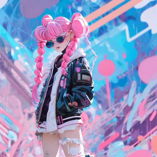 Prompt: wide standing view, full body view, cute petite 21 year old anime girl, pink hair, two braided pigtails, making peace sign with one hand,  sunglasses ((white, oval frame)), puffy bomber jacket, black combat boots, highly stylized artstyle, messy abstract neon tokyo background, wide view, digital illustration, ultra hd, extreme long shot, telephoto lens, motion blur, wide angle lens, deep depth of field, deep blue color scheme, pastel color scheme