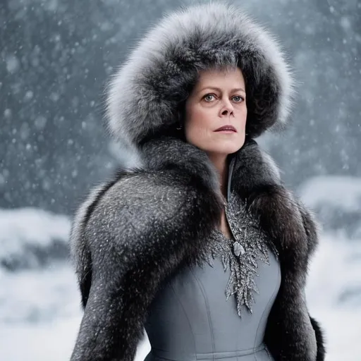 Prompt: sigourney weaver, queen, silver crown, grey dress, grey gown, winter furs