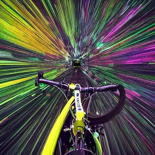 Prompt: Pov view of bicycyle traveling through infinite and dark space 