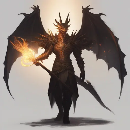 Prompt: A human with dragon wings and a large wooden staff in his right and a light glowing in his left