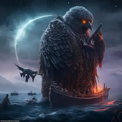 Prompt: boat that looks like a big bird on the front and a foggy black night sky with a skull in left claw right has rpg