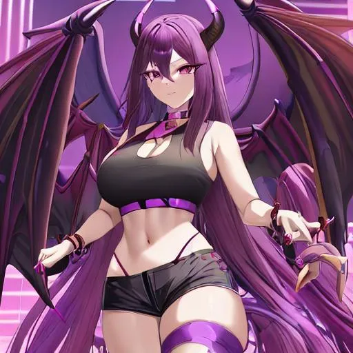 Prompt: Half Human Half Dragon, female, long brown and purple hair, realistic amber eyes, black pupils, big wings, two long curved horns, black nails, long tail, purple crop top, black shorts, anime style, some cleavage, sfw