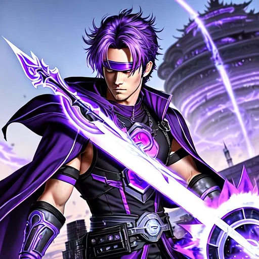 Prompt: full body pose, Luke Perry, 26 years old male purple hair ( wearing cybernetic blindfold) casting magic spells, sleeveless,  light purple hair bowl cut, eyes closed, battlefield, ethereal,  hooded white mage Artifact gear from FFXIV, floating city in background, jewelry set balayage, wild hair, floating city in background royal vibe, highly detailed, digital painting, Trending on artstation , HD quality, tan skin,artgerm,  by Ilya Kuvshinov 