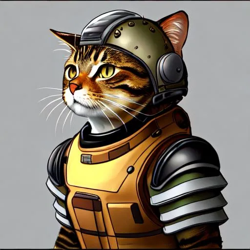 a brown tabby cat wearing a scifi armored helmet