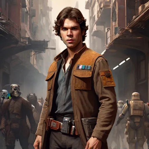 Prompt: Star Wars Character portrait, close up, dlsr, White male, brown hair, in street shirt, unbuttoned street shirt, dark utility jacket with lots of pockets and straps, padded jacket, utility cargo pants, utility belt, cargo pants with buckles and belt, pockets, Sci-fi, belt, Start Wars, futuristic, Star Wars art, high res, detailed, textured, dark color pallet, muted tones, minimal colors, straight lines and angles, belts and buckles and straps. Blaster pistol in hand, holster, high quality digital art, real lighting, Star Wars ascetic, Star Wars Design. 4k, ray tracing, volume lighting, padded jacket, jacket with exterior pockets, clean background
