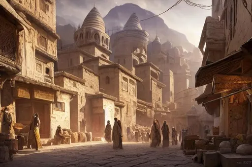 Prompt: An impression of the streets of Kivi, an high fantasy, arabic inspired dessert town inhabited by humans and elves, vibrant colours, perfect composition, hyperrealistic, super detailed, 8k, high quality, trending art, trending on artstation, sharp focus, studio photo, intricate details, highly detailed, by greg rutkowski