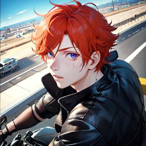 Prompt: Erikku male (short ginger hair, freckles, right eye blue left eye purple) muscular, riding a motorcycle. UHD, 8K, Highly detailed, wearing biker gear, driving on the freeway, insane detail, best quality, high quality