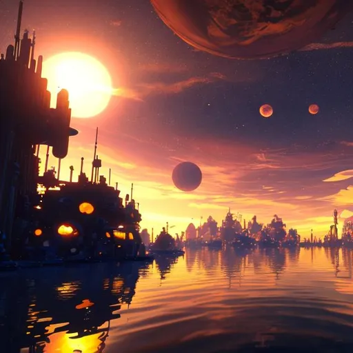Prompt: sunrise on water world with floating city