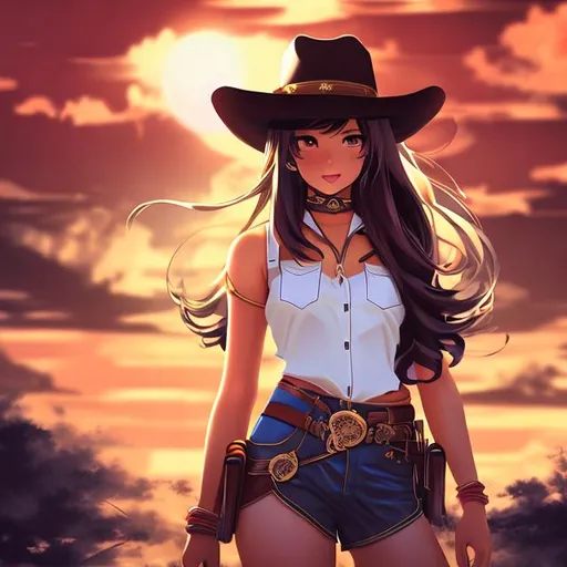 Prompt: 1girl,cowgirl, anime art style, facing camera,  colt45. revolver, wild west vibe, Indian women