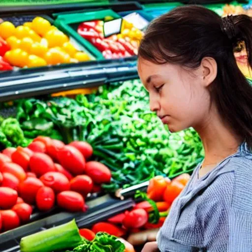 Prompt: Girl Bored while buying vegetable shopping