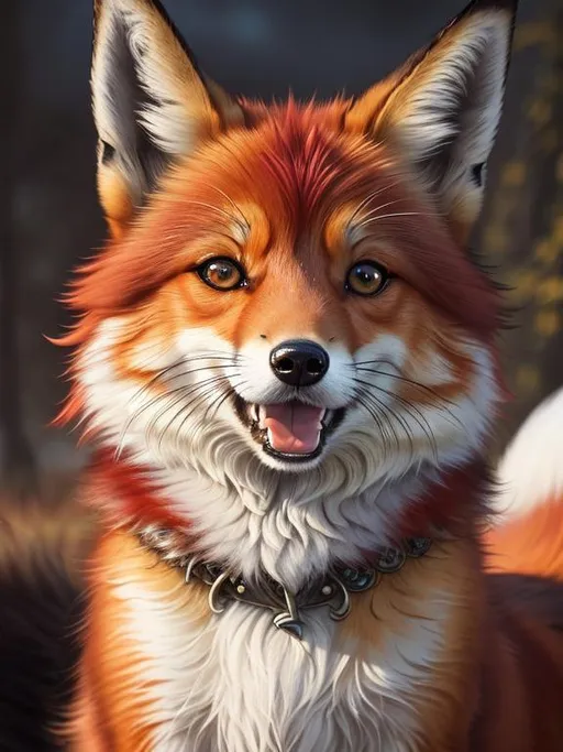 Prompt: remove hair, (8k, masterpiece, oil painting, professional, UHD character, UHD background) Portrait of Vixey, Fox and Hound, close up, mid close up, brilliant red fur, brilliant amber eyes, big sharp 8k eyes, sweetly peacefully smiling, detailed smiling face, extremely beautiful, alert, curious, surprised, open mouth, cute fangs, enchanted garden, vibrant flowers, vivid colors, lively colors, vibrant, high saturation colors, uv, uwu, flower wreath, detailed smiling face, highly detailed fur, highly detailed eyes, highly detailed defined face, highly detailed defined furry legs, highly detailed background, full body focus, UHD, HDR, highly detailed, golden ratio, perfect composition, symmetric, 64k, Kentaro Miura, Yuino Chiri, intricate detail, intricately detailed face, intricate facial detail, highly detailed fur, intricately detailed mouth