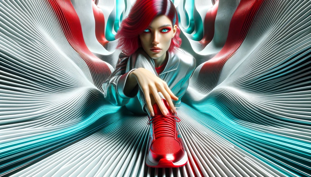 Prompt: Render of a video game woman with an intensely red face and vibrant shoes. The atmosphere is dominated by futuristic waves in shades of silver and cyan, capturing the spirit of cutting-edge digital art and calm metropolitan vistas.