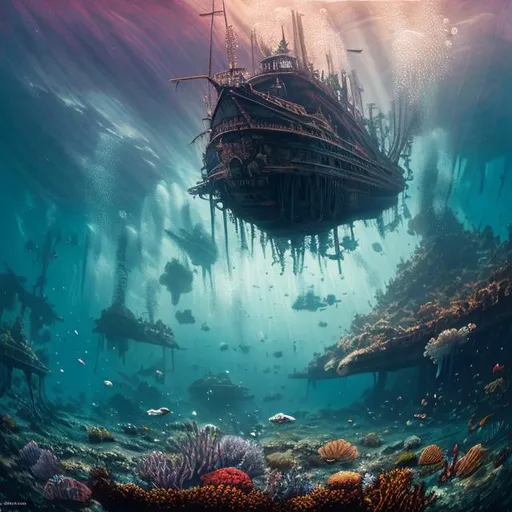 Prompt: Underwater landscape painting, long-sunken caravel lying on its side in a sea ditch, dull colors, danger, fantasy art, by Hiro Isono, by Luigi Spano, by John Stephens