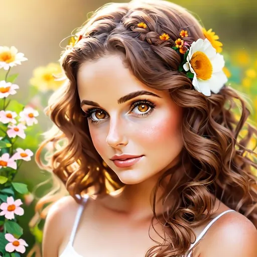 Prompt: Pretty girl with light brown, wavy hair, brown eyes, aged 25,  flowers in her hair, facial closeup