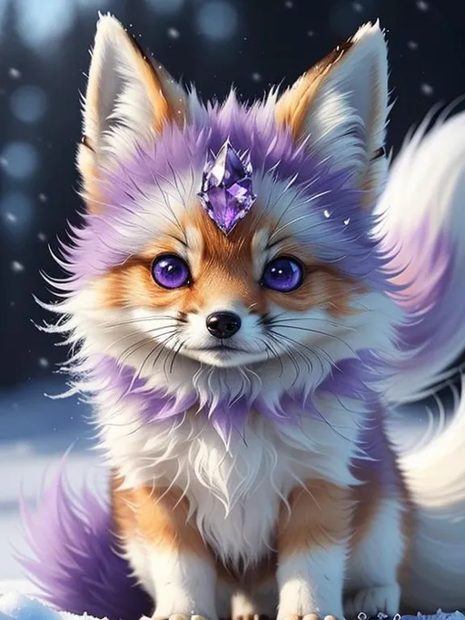 Prompt: (masterpiece, professional oil painting, epic digital art, best quality:1.5), insanely beautiful tiny ((fox kit)), (canine quadruped), ice elemental, silky silver-lilac fur covered in frost, timid, ((insanely detailed alert amethyst eyes, sharp focus eyes)), gorgeous 8k eyes, fluffy silver neck ruff covered in frost, two tails, (plump), fluffy chest, enchanted, magical, finely detailed fur, hyper detailed fur, (soft silky insanely detailed fur), presenting magical jewel, moonlight beaming through clouds, lying in frosted meadow, grassy field covered in frost, cool colors, professional, symmetric, golden ratio, unreal engine, depth, volumetric lighting, rich oil medium, (brilliant auroras), (ice storm), full body focus, beautifully detailed background, cinematic, 64K, UHD, intricate detail, high quality, high detail, masterpiece, intricate facial detail, high quality, detailed face, intricate quality, intricate eye detail, highly detailed, high resolution scan, intricate detailed, highly detailed face, very detailed, high resolution