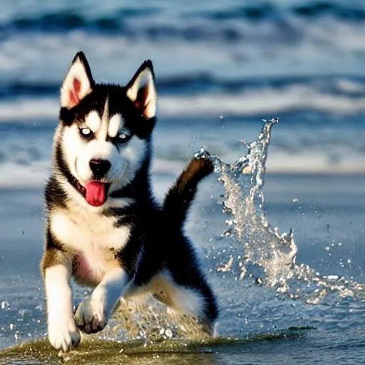 Prompt: Joyful photo of a husky puppy splashing water at the beach, canon eos r3
