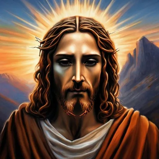 Prompt: Realistic, highly detailed art of Jesus Christ on cross with crown of thorns on head, mountains towering behind and above, sunrise coming up over mountains, soft tones, gentle strokes