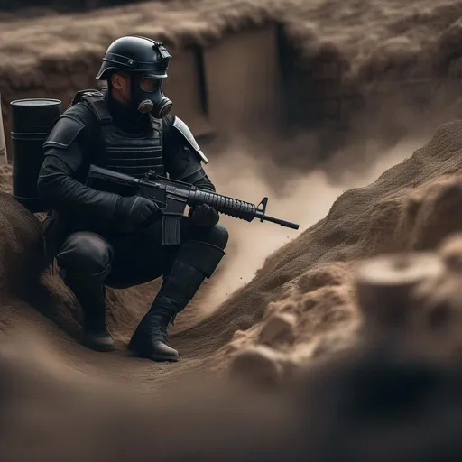 Prompt: A depression modern roman military male in black military roman armor, and gas mask, sitting in trench, violent war, background bunker, shooting guns, Hyperrealistic, sharp focus, Professional, UHD, HDR, 8K, Render, electronic, dramatic, vivid, pressure, stress, traumatic, dark.