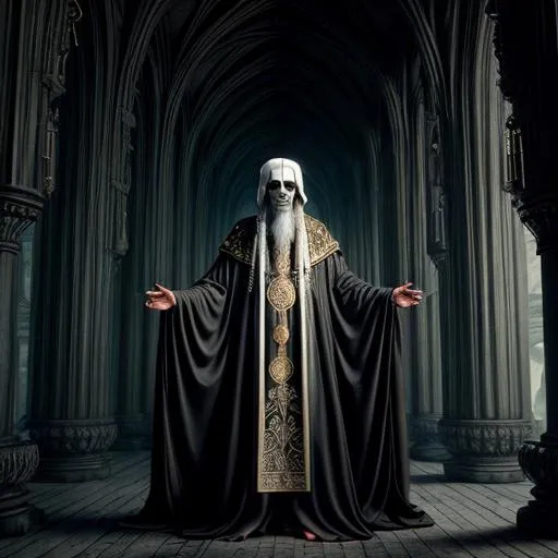 Prompt: hyperrealistic mixed media painting of a shriveled lich-like cultist, skin stretched thin over skull, orthodox priest robes, white palm motif of vestments, d&d, stunning 3d render + dim volumetric lighting, 8k octane beautifully detailed render, post-processing, extremely hyperdetailed, intricate, spooky composition, grim and powerful atmosphere, cinematic lighting + masterpiece, trending on artstation, very very detailed, masterpiece, horrifying